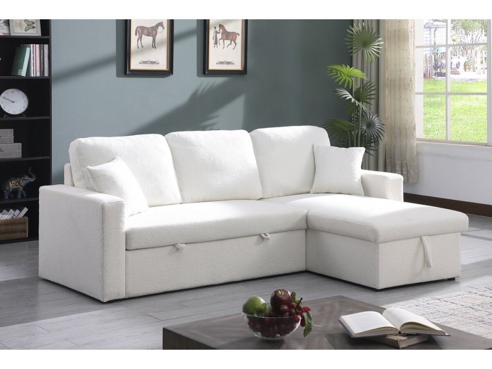 Canapé d'angle convertible/reversible avec coffre "Alain" - 3 places - Bouclettes -  Blanc