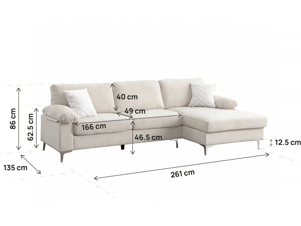 Canapé d'angle droit en tissu chenille "Jade" - 3 places - Beige