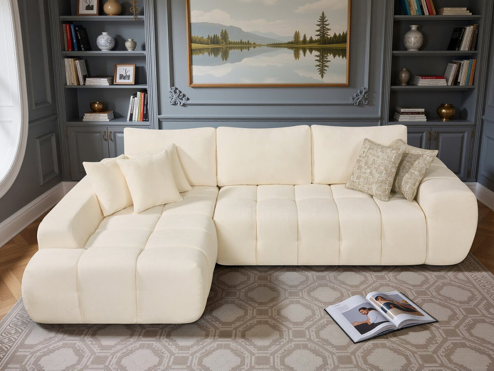 Canapé d'angle gauche en tissu style bubble "Sidonie" - 4 places - Beige