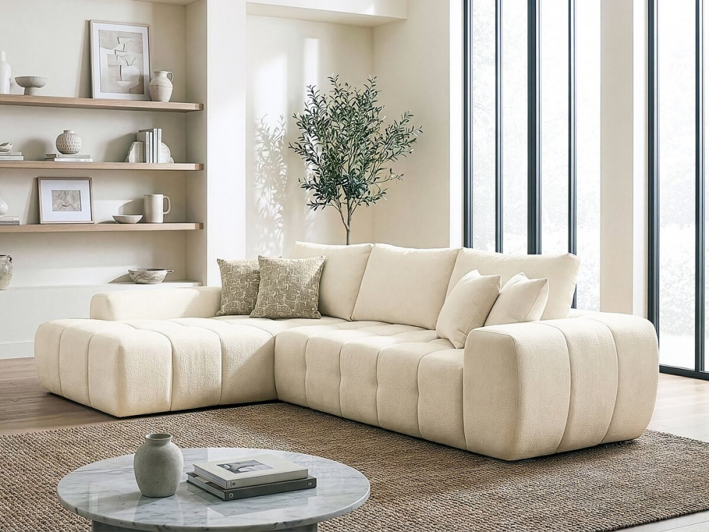 Canapé d'angle gauche en tissu style bubble "Sidonie" - 4 places - Beige