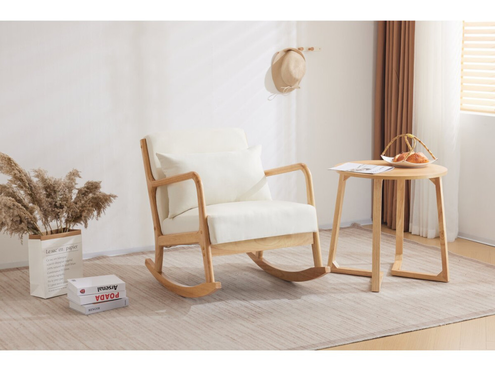 Fauteuil à bascule style scandinave bouclette et bois " Clinton " - Beige