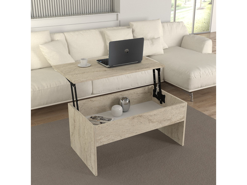 Table basse avec coffre de rangement en bois "Akilli" - 90 x 45 x 52 cm - Travertin