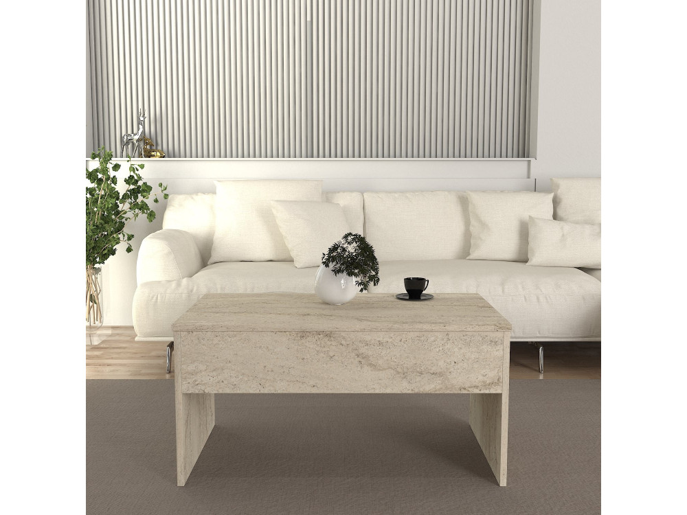 Table basse avec coffre de rangement en bois "Akilli" - 90 x 45 x 52 cm - Travertin