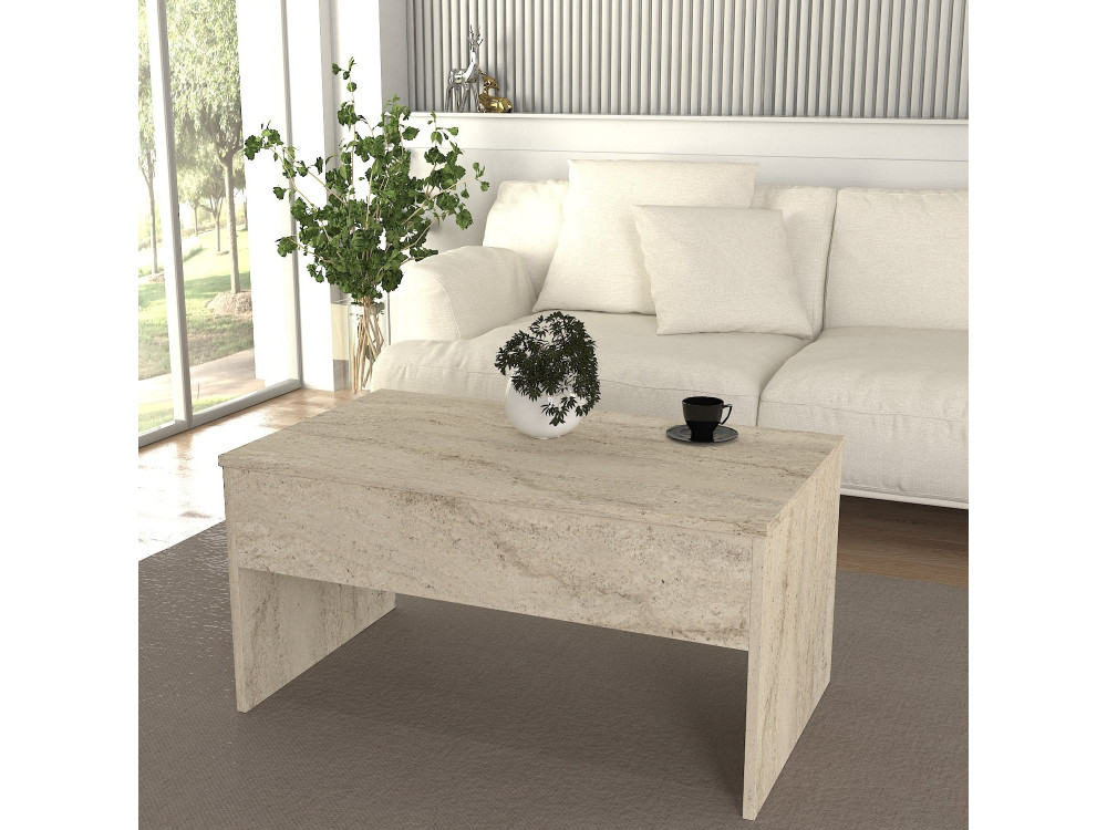 Table basse avec coffre de rangement en bois "Akilli" - 90 x 45 x 52 cm - Travertin