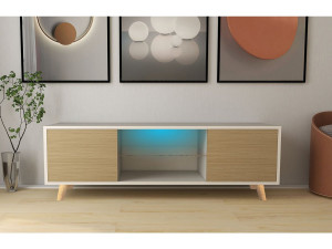 Meuble TV LED "Inna" - 140 x 42 x 45 cm - Blanc/Chêne 2