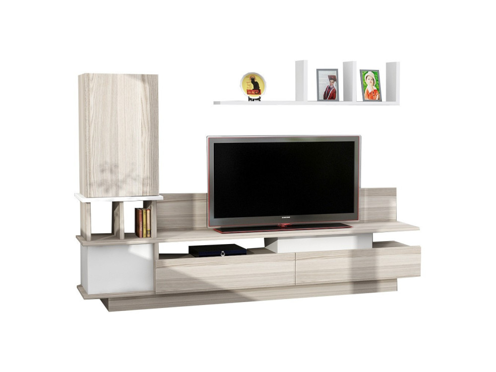 Meuble TV avec étagère murale en bois "Como" - 149 x 31 x 117 cm - Gris clair