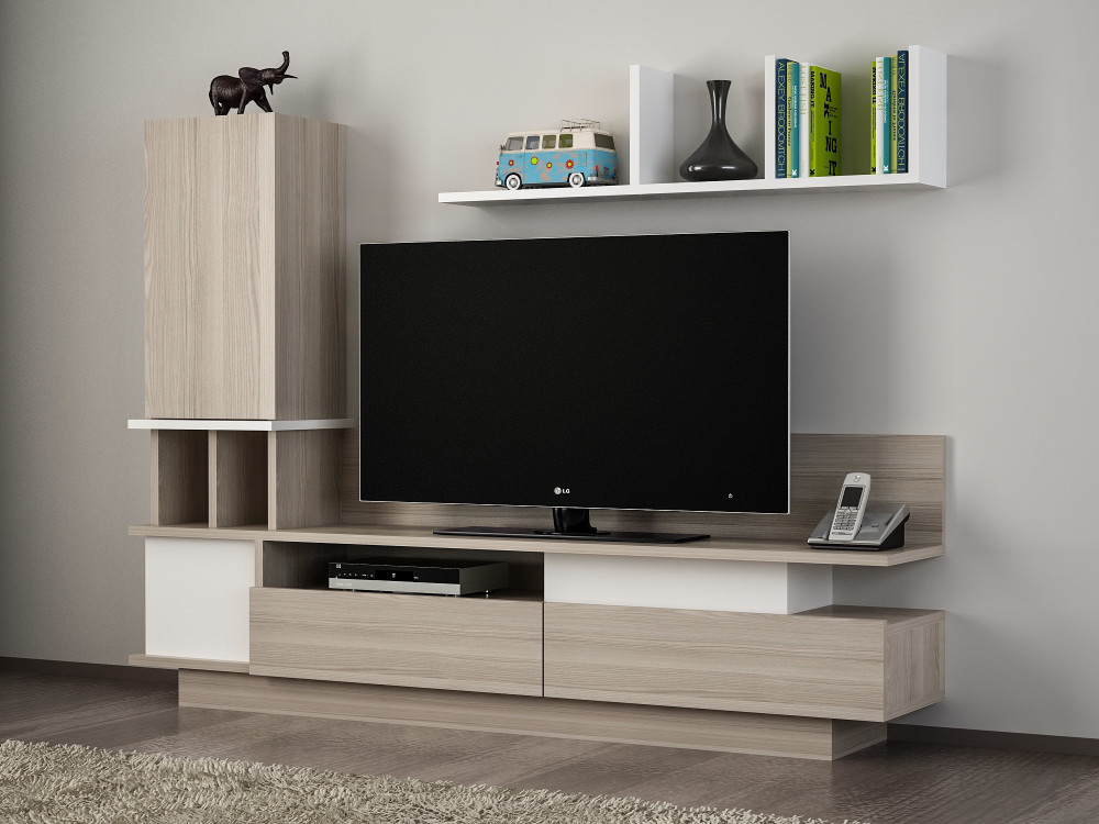 Meuble TV avec étagère murale en bois "Como" - 149 x 31 x 117 cm - Gris clair