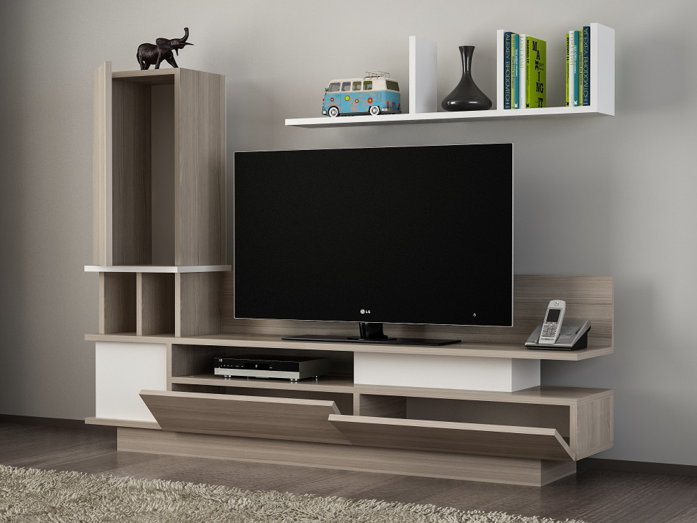 Meuble TV avec étagère murale en bois "Como" - 149 x 31 x 117 cm - Gris clair