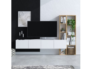 Meuble TV en bois "Pana" - 182 x 32 x 25 cm - Blanc, Chêne 2