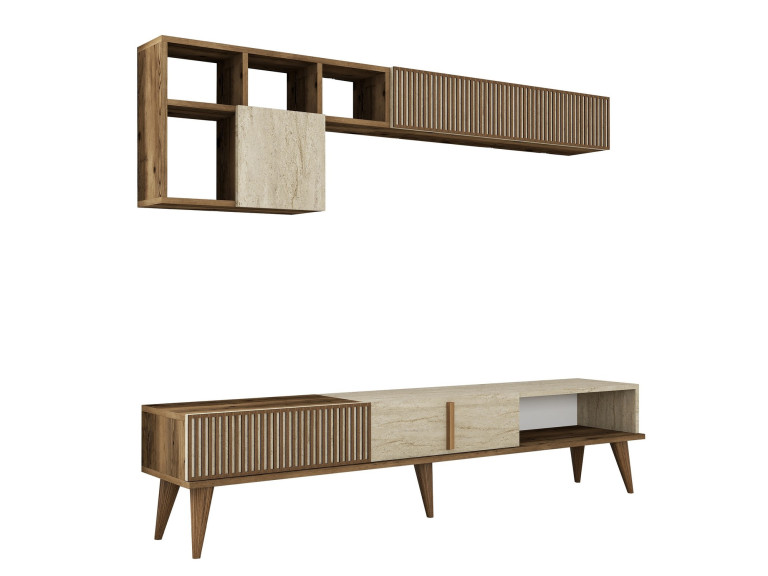 Meuble TV en bois "Milan" - 180 x 35 x 40 cm - Noyer, Travertin