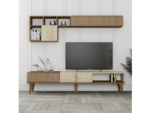Meuble TV en bois "Milan" - 180 x 35 x 40 cm - Noyer, Travertin 2