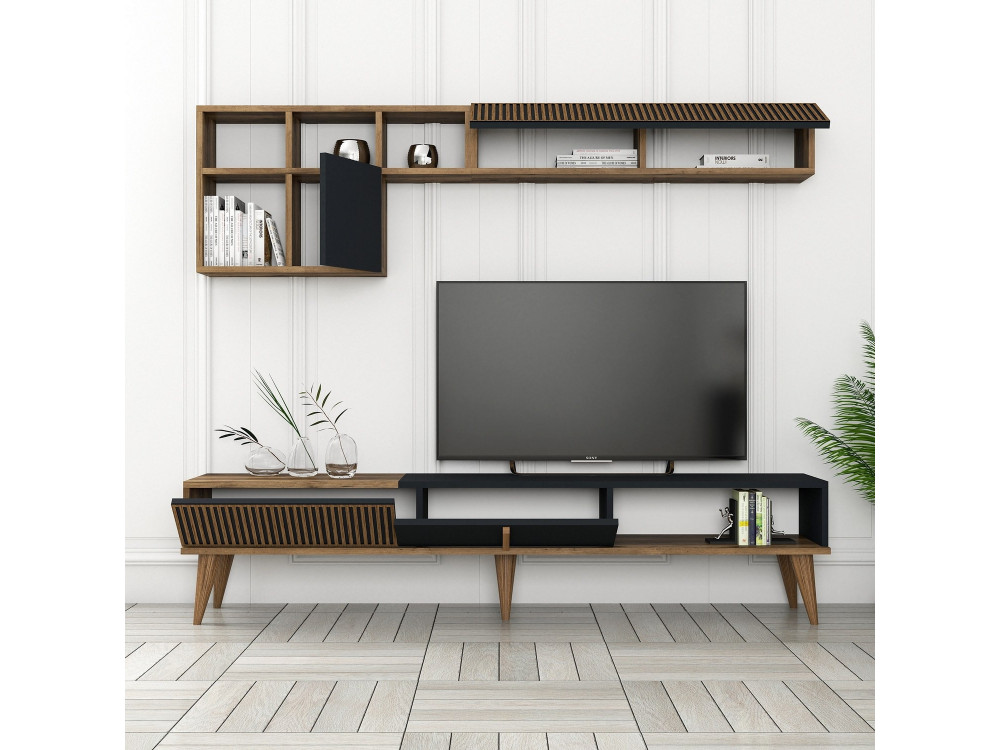 Meuble TV en bois "Milan" - 180 x 35 x 40 cm - Noyer, Anthracite