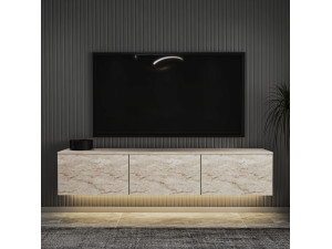 Meuble TV suspendu en bois avec éclairage LED "Neon illuminated" - 160 x 32 x 35 cm - Travertin 2