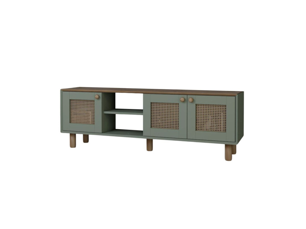 Meuble TV en bois et cannage "Bohemian" - 160 x 40 x 56 cm - Vert