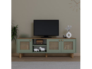 Meuble TV en bois et cannage "Bohemian" - 160 x 40 x 56 cm - Vert 2