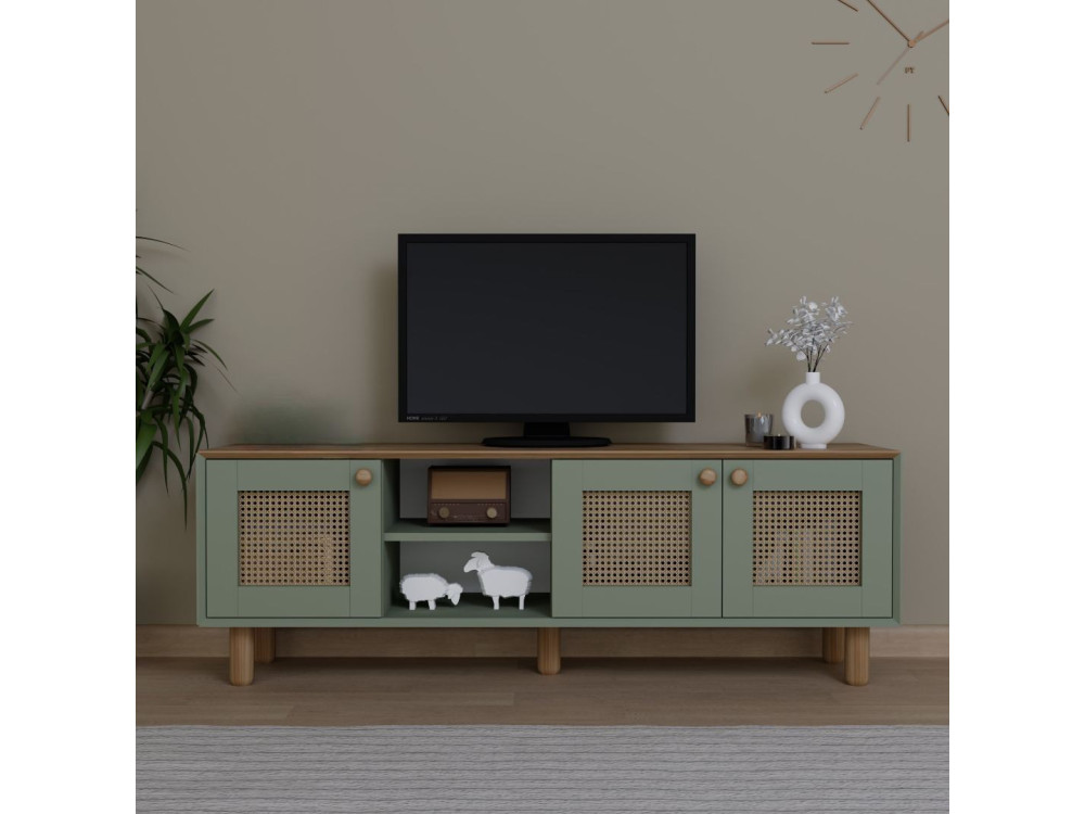 Meuble TV en bois et cannage "Bohemian" - 160 x 40 x 56 cm - Vert