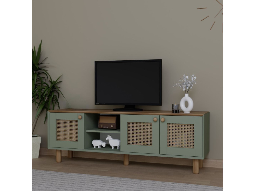 Meuble TV en bois et cannage "Bohemian" - 160 x 40 x 56 cm - Vert