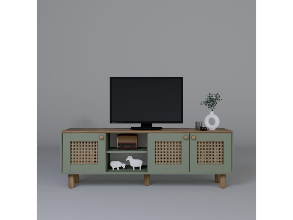 Meuble TV en bois et cannage "Bohemian" - 160 x 40 x 56 cm - Vert