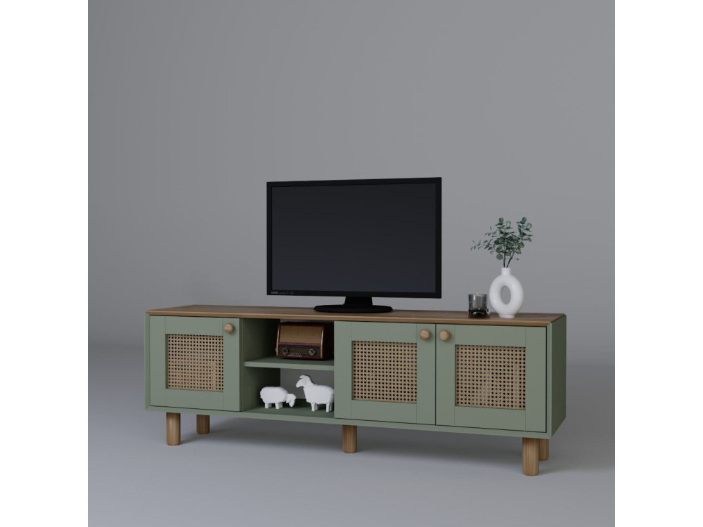 Meuble TV en bois et cannage "Bohemian" - 160 x 40 x 56 cm - Vert
