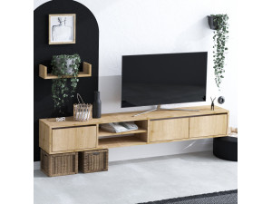 Meuble TV suspendu avec étagère murale en bois "Heka" - 180 x 30 x 25 cm - Beige 2