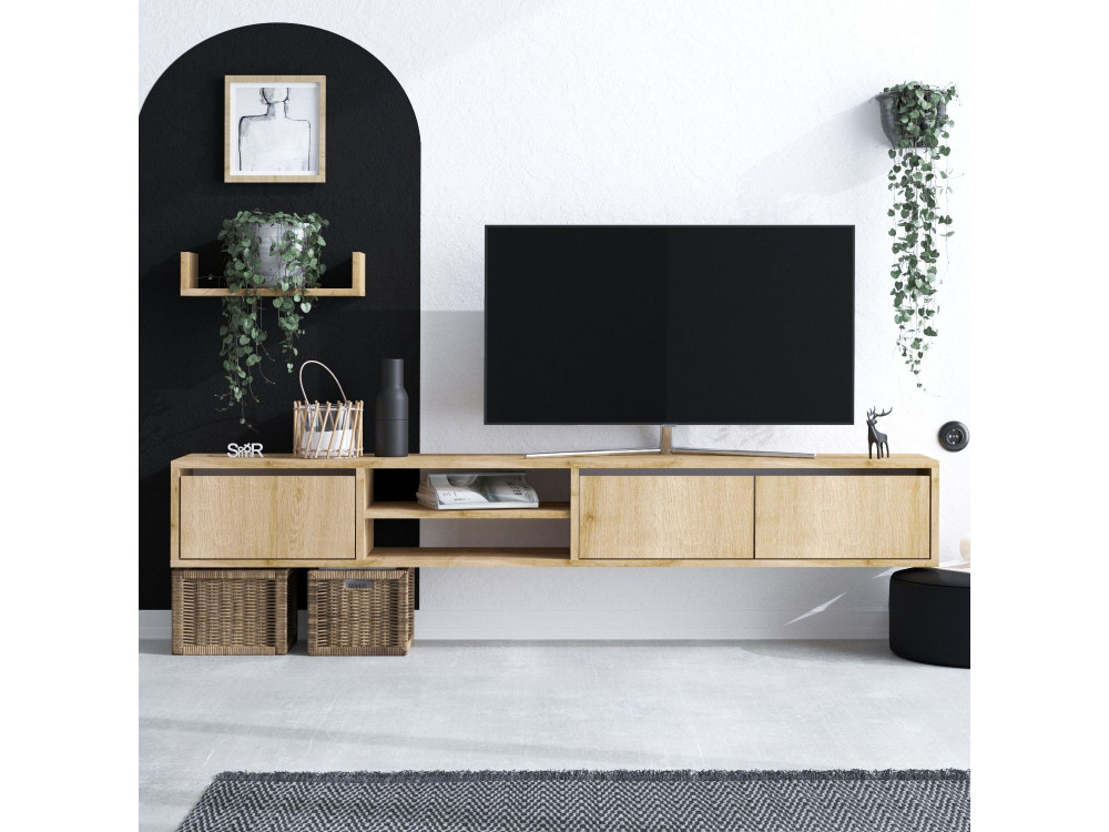 Meuble TV suspendu avec étagère murale en bois "Heka" - 180 x 30 x 25 cm - Beige