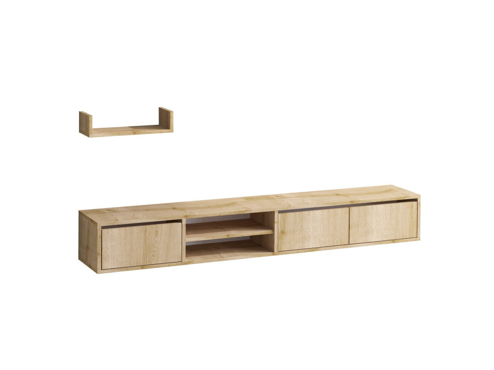 Meuble TV suspendu avec étagère murale en bois "Heka" - 180 x 30 x 25 cm - Beige