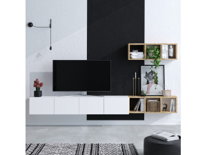 Meuble TV suspendu avec étagère murale en bois "Pia"- 215 x 32 x 25 cm - Blanc 2