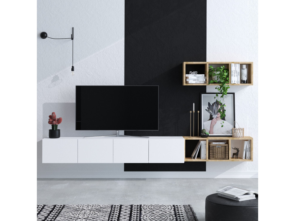 Meuble TV suspendu avec étagère murale en bois "Pia"- 215 x 32 x 25 cm - Blanc