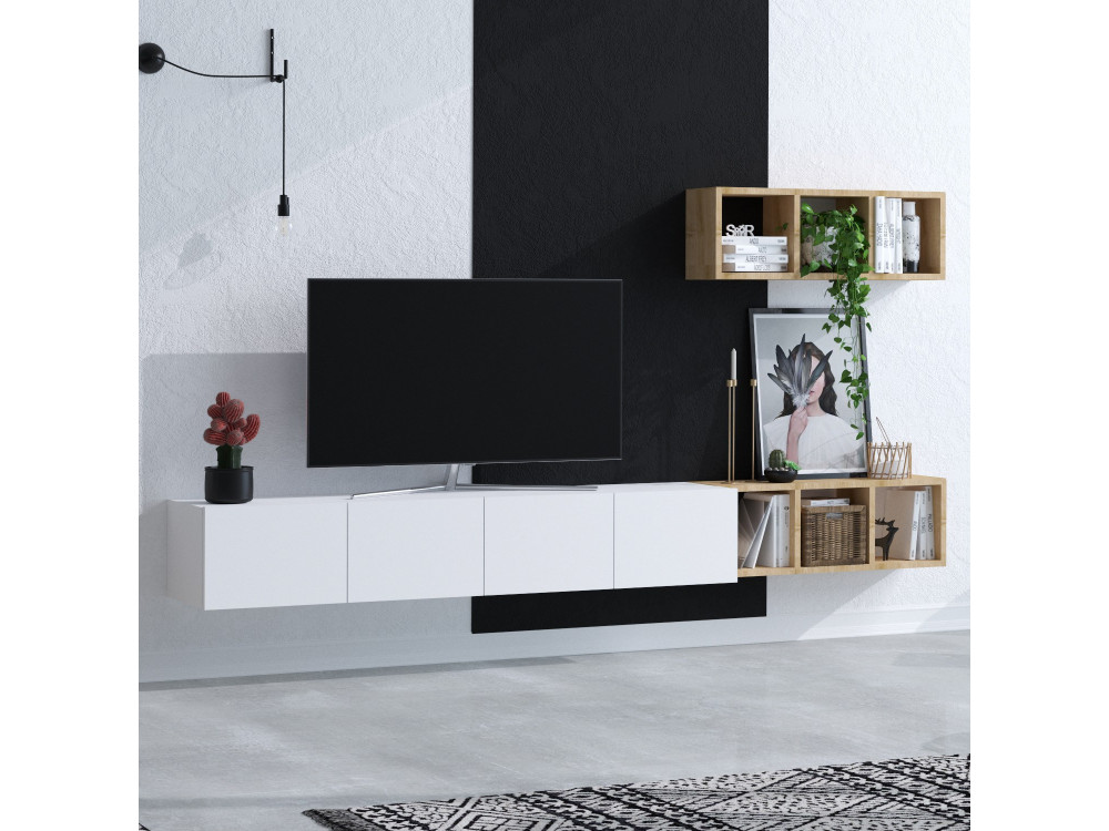 Meuble TV suspendu avec étagère murale en bois "Pia"- 215 x 32 x 25 cm - Blanc