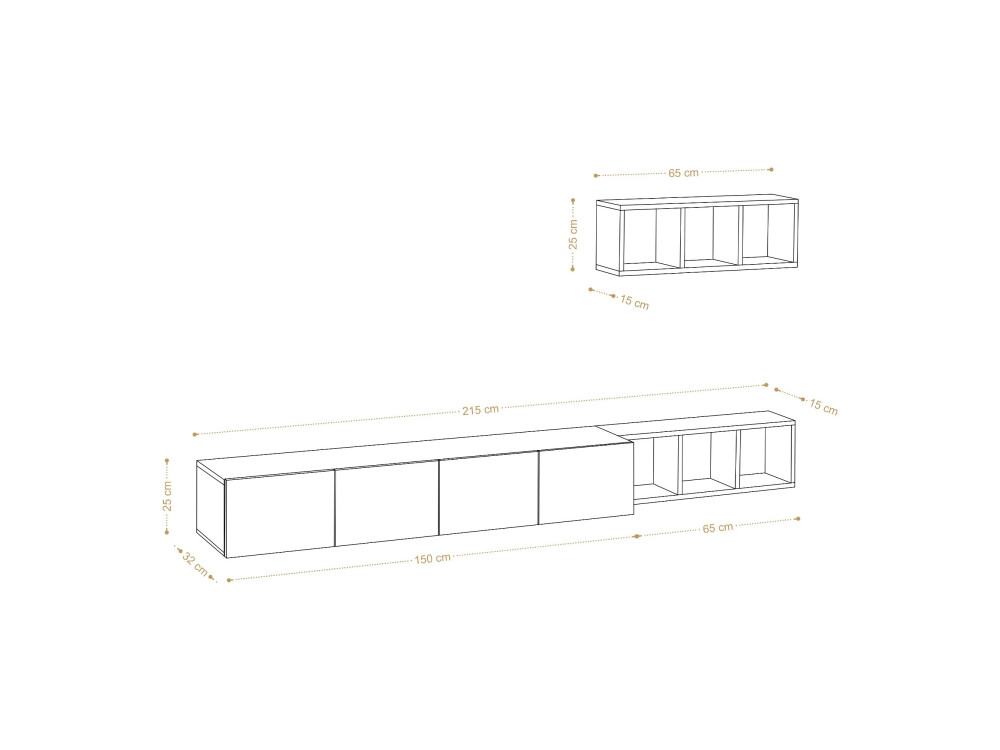 Meuble TV suspendu avec étagère murale en bois "Pia"- 215 x 32 x 25 cm - Blanc
