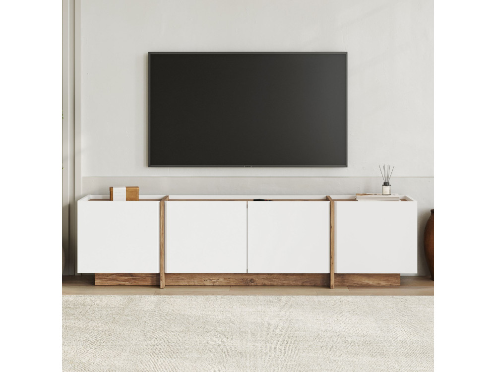 Meuble TV en bois "Lowen" - 180 x 35 x 46 cm - Blanc / Pin Atlantique