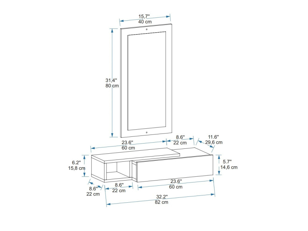 Console avec miroir en bois "Vien " - 82 x 29 x 15 cm - Blanc