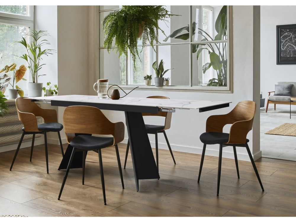 Table de repas extensible en céramique 6 à 10 personnes  "Equinoxe" - Blanc marbré gris