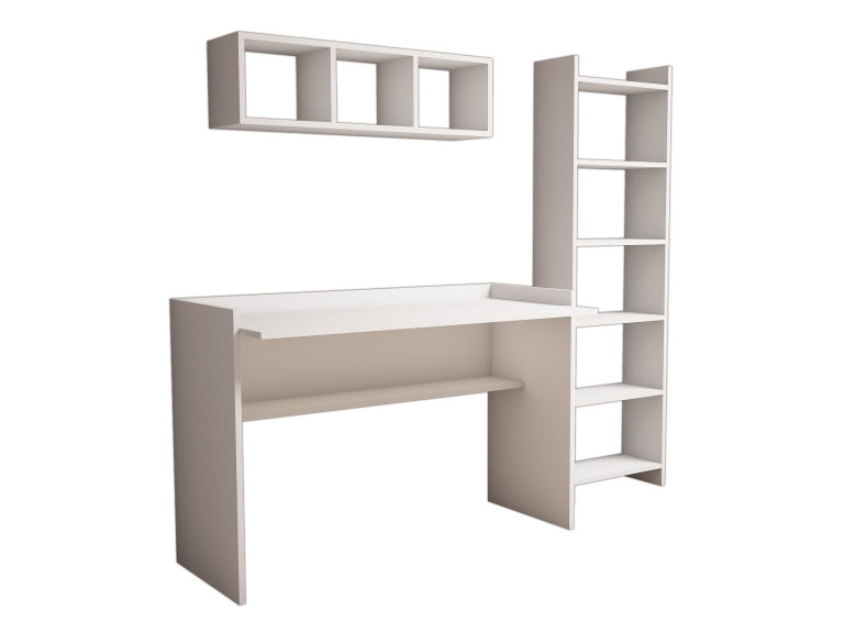 Bureau d'étude avec bibliothèque et étagère murale en bois "Hera" - 118 x 58 x 80 cm - Blanc