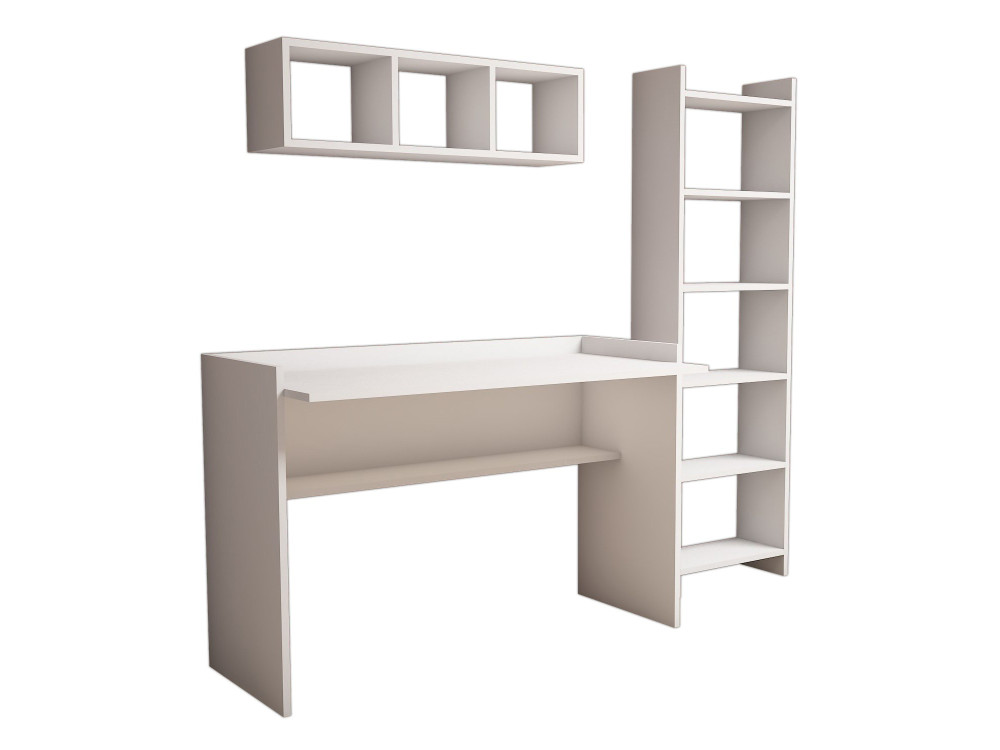 Bureau d'étude avec bibliothèque et étagère murale en bois "Hera" - 118 x 58 x 80 cm - Blanc