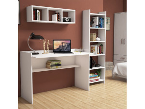 Bureau d'étude avec bibliothèque et étagère murale en bois "Hera" - 118 x 58 x 80 cm - Blanc 2