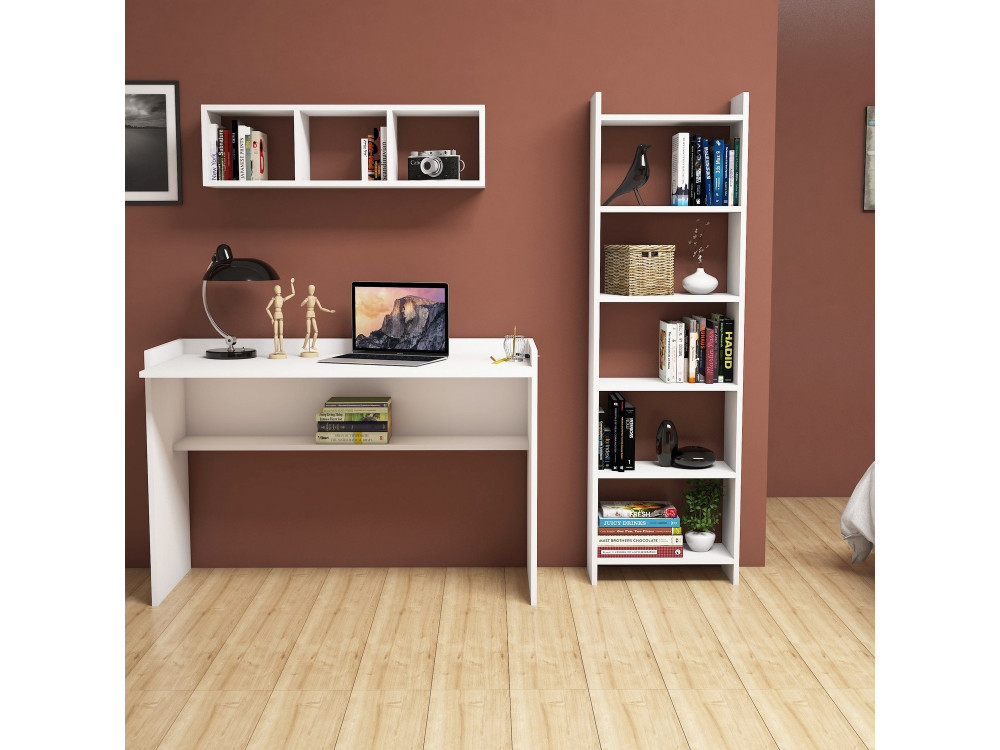 Bureau d'étude avec bibliothèque et étagère murale en bois "Hera" - 118 x 58 x 80 cm - Blanc