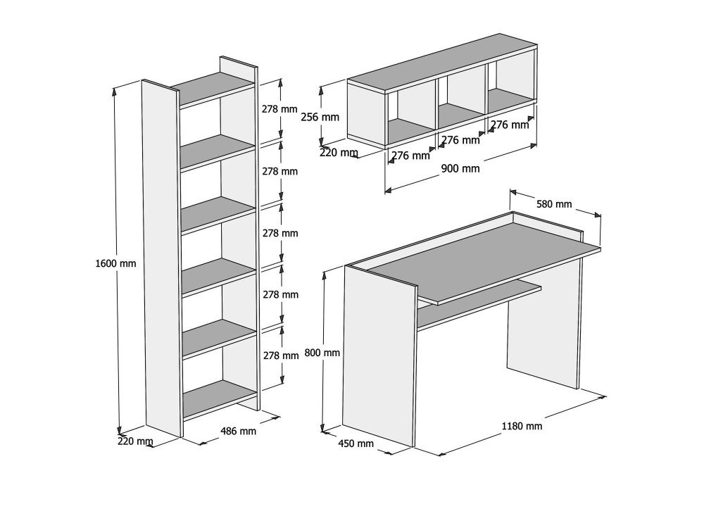 Bureau d'étude avec bibliothèque et étagère murale en bois "Hera" - 118 x 58 x 80 cm - Blanc