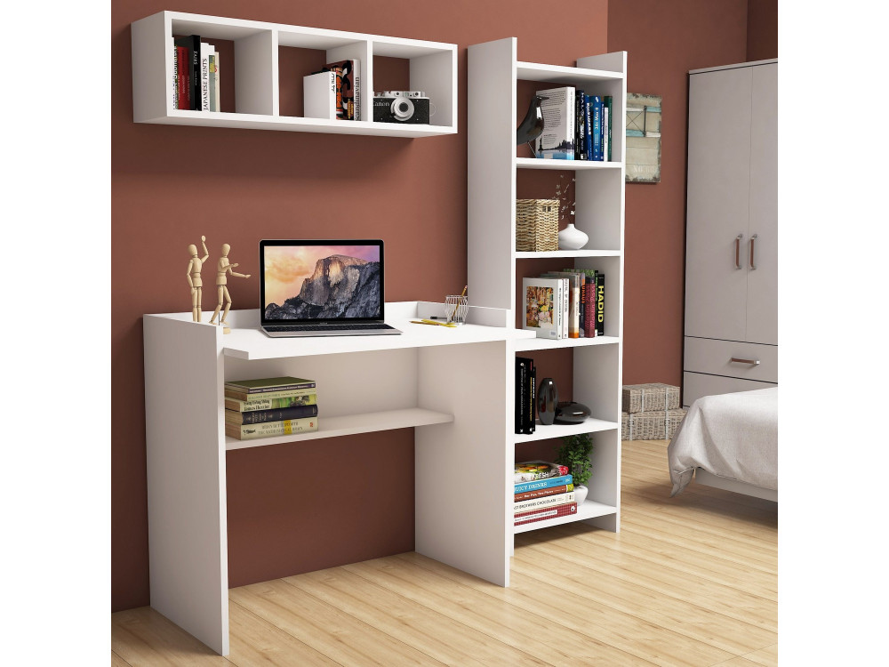 Bureau d'étude avec bibliothèque et étagère murale en bois "Matilda" - 90 x 58 x 80 cm - Blanc