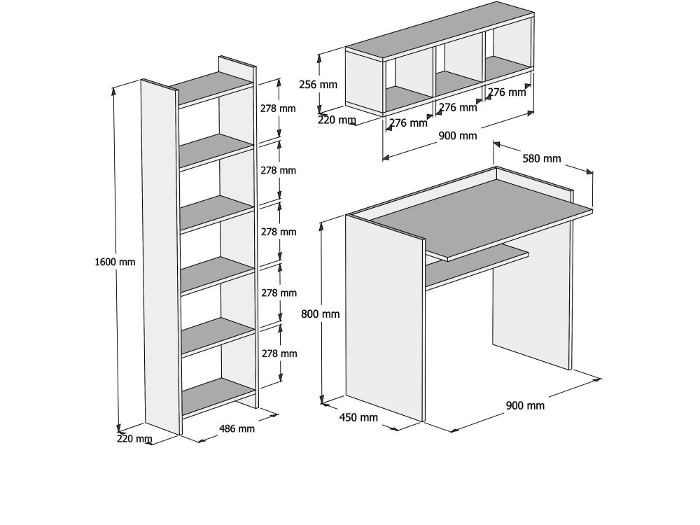 Bureau d'étude avec bibliothèque et étagère murale en bois "Matilda" - 90 x 58 x 80 cm - Blanc