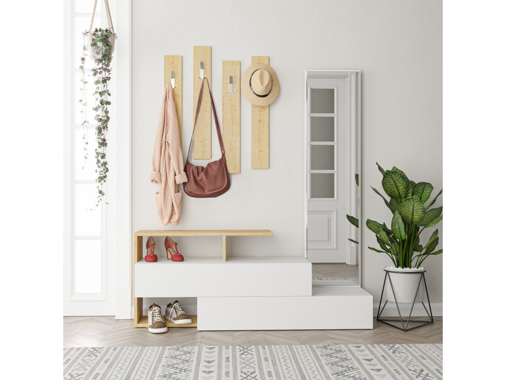 Meuble d'entrée avec miroir en bois "Ramda" - 137 x 35 x 154 cm - Beige