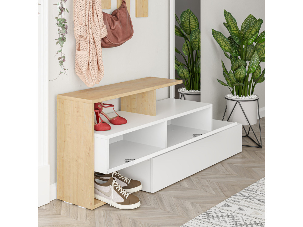 Meuble d'entrée avec miroir en bois "Ramda" - 137 x 35 x 154 cm - Beige