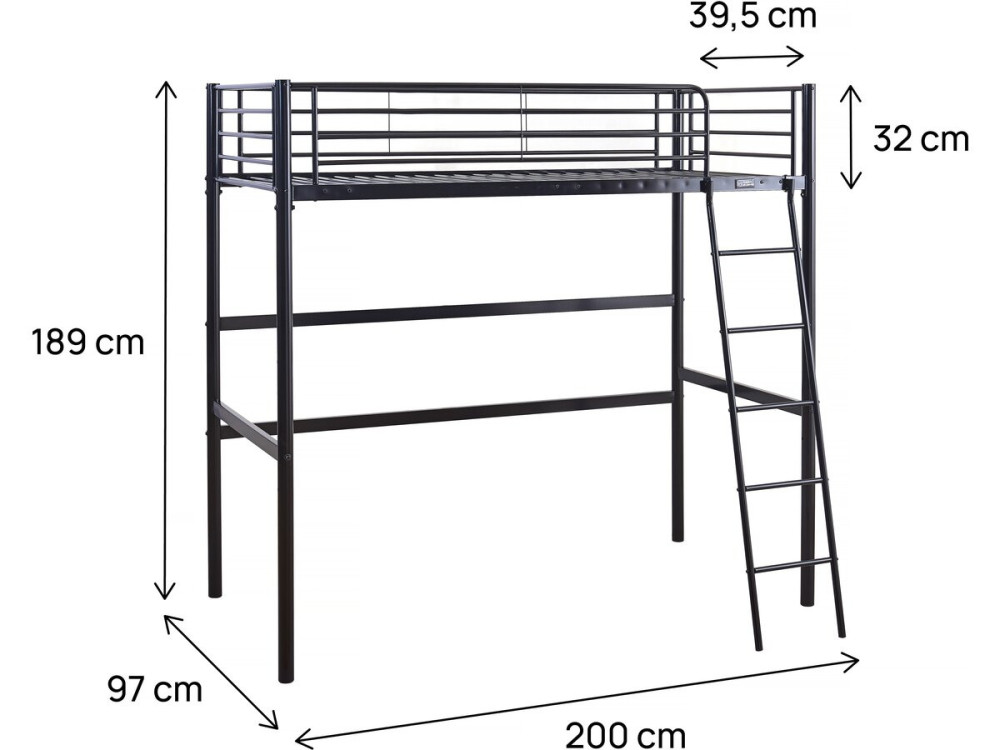 Lit mezzanine en métal "Alora" - 90 x 190 cm - Noir