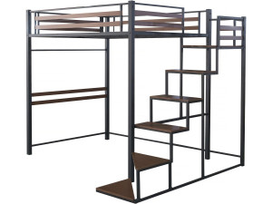 Lit mezzanine en métal avec escalier "LENA" - 140 x 190 cm - Noir et marron noyer