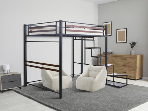 Lit mezzanine en métal avec escalier "LENA" - 140 x 190 cm - Noir et marron noyer 2