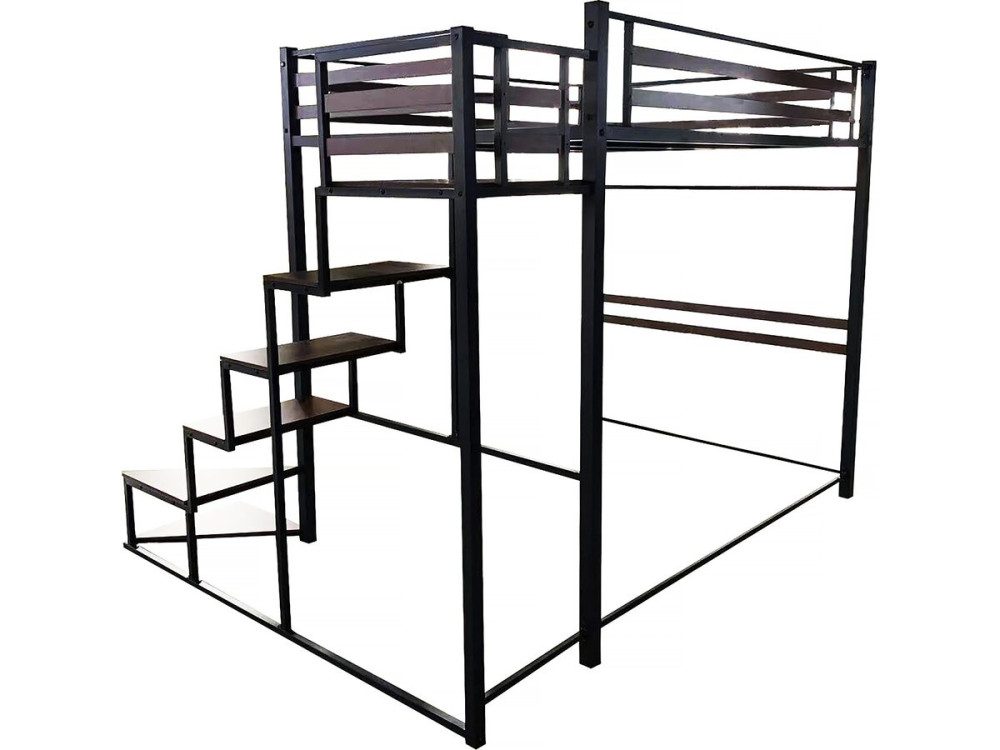 Lit mezzanine en métal avec escalier "LENA" - 140 x 190 cm - Noir et marron noyer