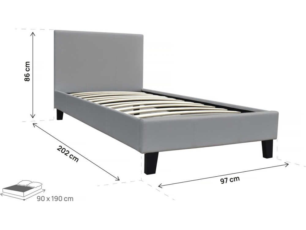 Lit "Lina" - 90 x 190 cm - Gris clair