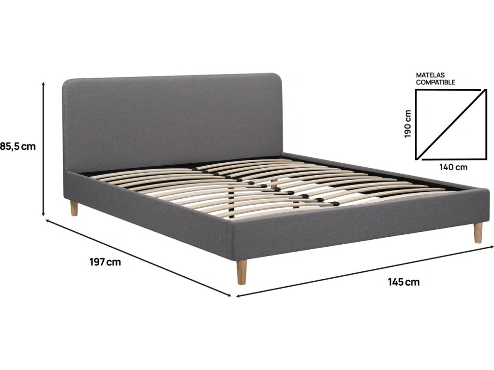 Lit double en tissu "Louise" - 140 x 190 cm - Gris