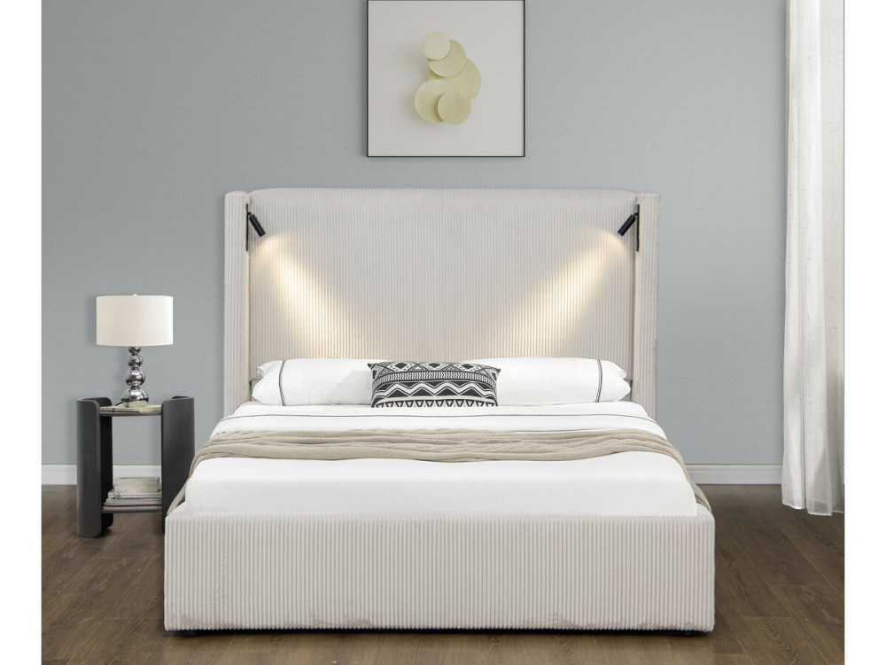 Lit double en velours côtelé avec coffre et lampe intégré "Cortina" - 160 x 200 cm - Beige