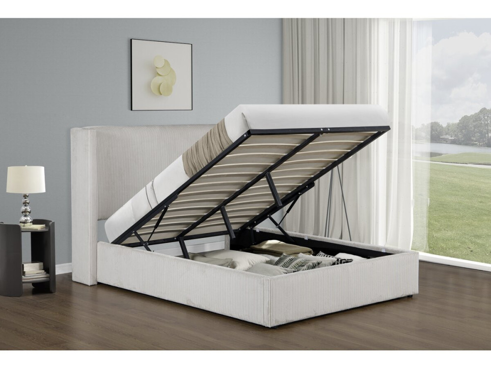 Lit double en velours côtelé avec coffre et lampe intégré "Cortina" - 160 x 200 cm - Beige